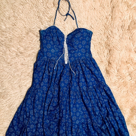 1970s Vintage Royal Blue And White Bandana Print Prairie-Style Halter Sundress - Picture 1 of 13